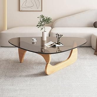 Triangle Coffee Table Modern Noguchi End Table, Solid Wood Base and 8mm Thick Tempered Glass Top Accent for Living Room Office Hotel Patio (Natural Wood Legs + Teal Glass, 32 * 22 * 16)