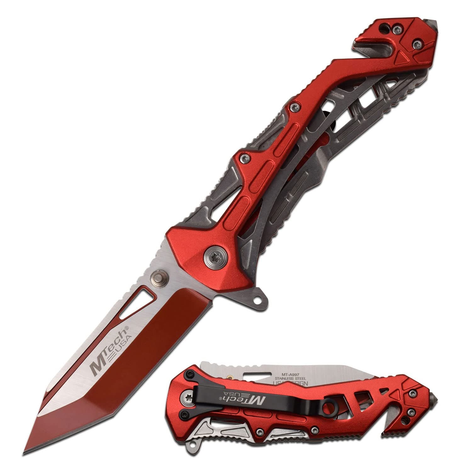 MTECH USA Folding Tactical Knife, 7.75" Overall, 3.25" Two Tone Tanto Blade, Aluminum Handle, Glass Breaker, EDC (Red)