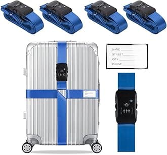 Veki Cross Luggage Straps Set TSA Approved with Lock Adjustable Travel Suitcase Belts Suitcase Tags with Name ID Card Packing Straps for Suitcases Strap Travel Accessories (Blue*4pcs)