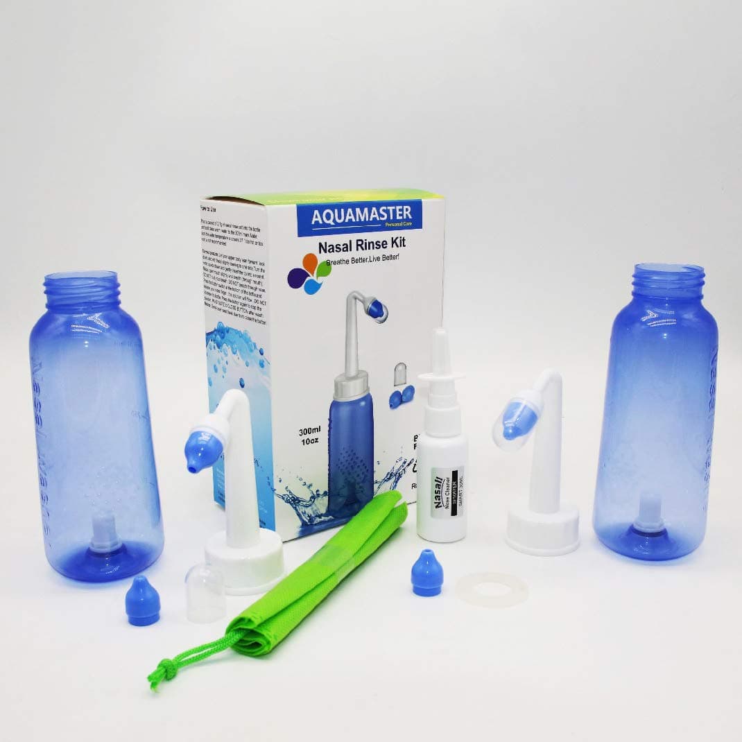 AQUAMASTER 2PCS-Pack Sinus Rinse Kit - Neti Pot - Nose Cleaner - 10oz 300ml Nasal Wash Bottle with Moisturizing Nasal Sprays Storage Bag for Adult Child Nose Clean Care