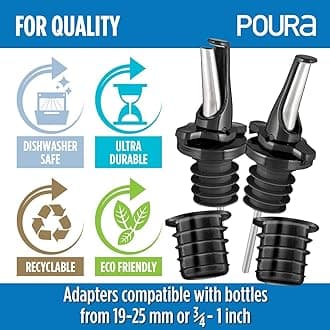 Poura Non-Disposable Bottle Pourers for Spirits & Olive Oil with Built-in Anti-Barfly Airtight Caps | Dishwasher Safe with Large Bottle Adapters - Black 6 Pack