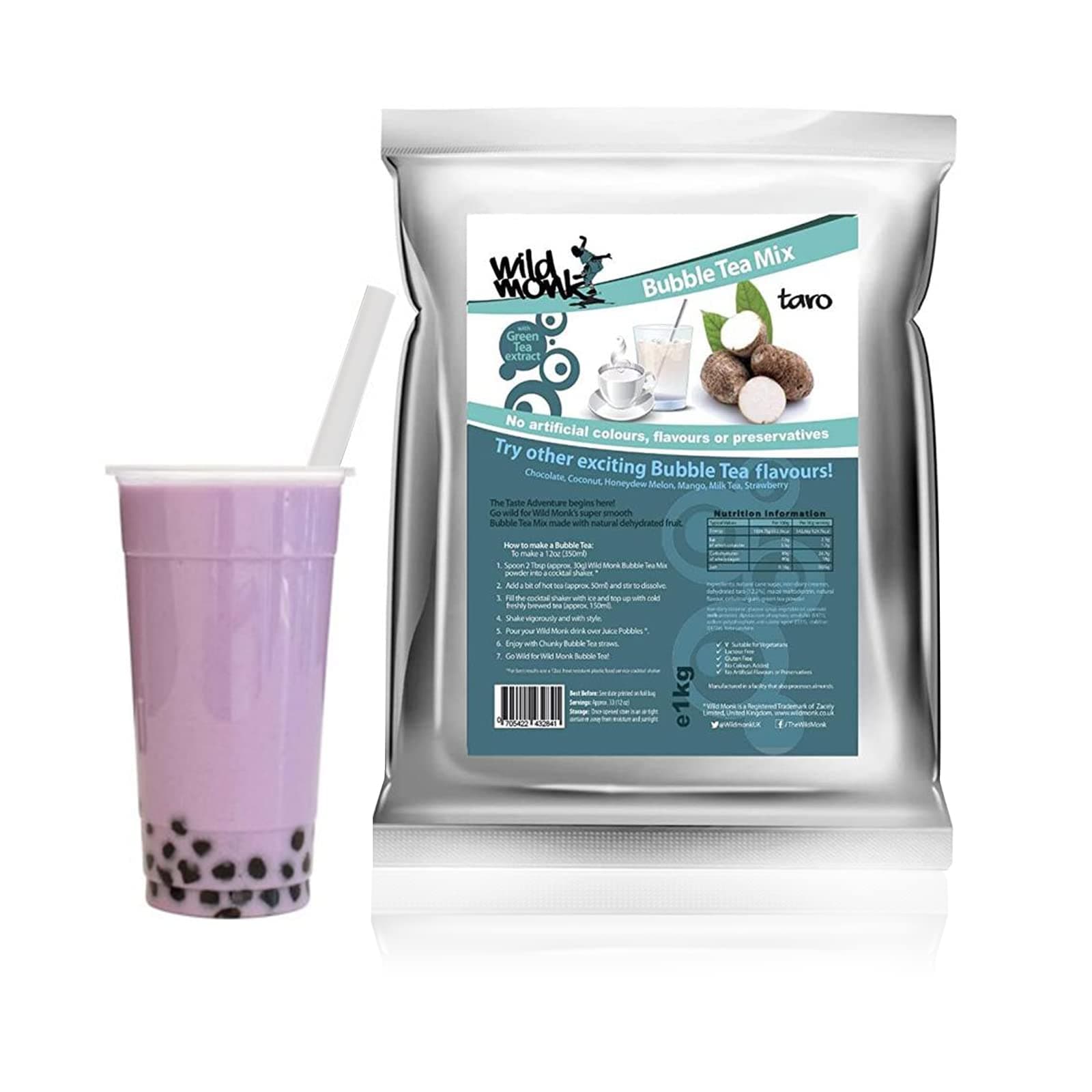 Wild Monk Taro Bubble Tea Powder (1kg). Make Bubble Tea Drinks at Home. Just add Water. 100% Vegetarian.