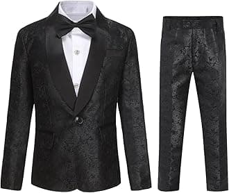 SWOTGdoby Boys Suit Formal Tuexdo Golden Jacquard Slim Fit 2 Pieces Suit Set Jacket Pants for Wedding Prom Party
