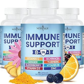 New Age8 in 1 Immune Support Booster Supplement with Echinacea, Vitamin C and Zinc 50mg, Vitamin D 5000 IU, Turmeric Curcumin & Ginger, B6, Elderberry (8 in 1 Capsules (Pack of 3))