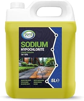 – JOVS Sodium Hypochlorite 5 Litre – High Strength (14-15%) Driveway & Patio Cleaner – Concrete, Brick, Slab, UPVC, Roof & Fence Cleaner – Black Spot, Oil Stain & Odour Remover – Bleaching Agent