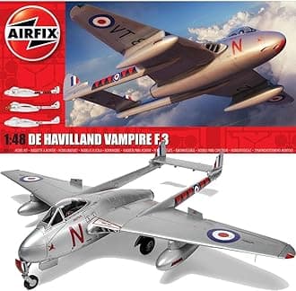 Model Set - A06107 de Havilland Vampire F.3 Model Building Kit - Plastic Model Plane Kits for Adults & Children 8+, Set Includes Sprues & Decals - 1:48 Scale Model, grey