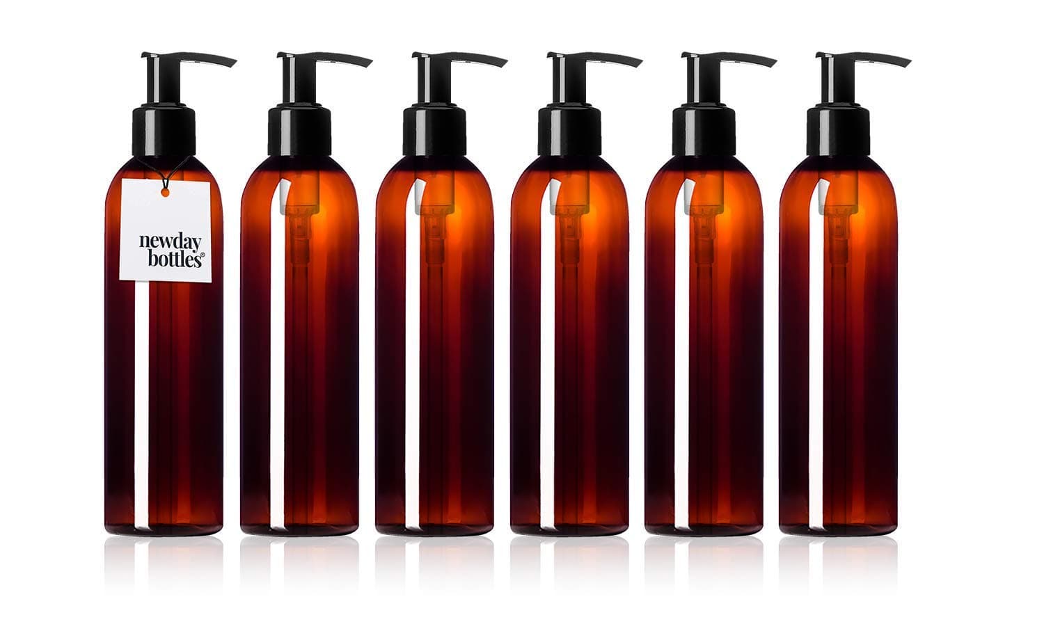 Newday Bottles, 6oz Empty Plastic Bottles with Lotion Pump Dispenser BPA-Free Refillable Containers (6 oz, Amber, Pack of 6)
