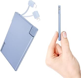 Auskang Slim Power Bank with Built-in Cable 2500mAh, Lightweight Battery Bank and Thinnest Portable Phone Charger - Credit Card Size, Compatible with iPhone Series (excluding iPhone 15 series)-Blue