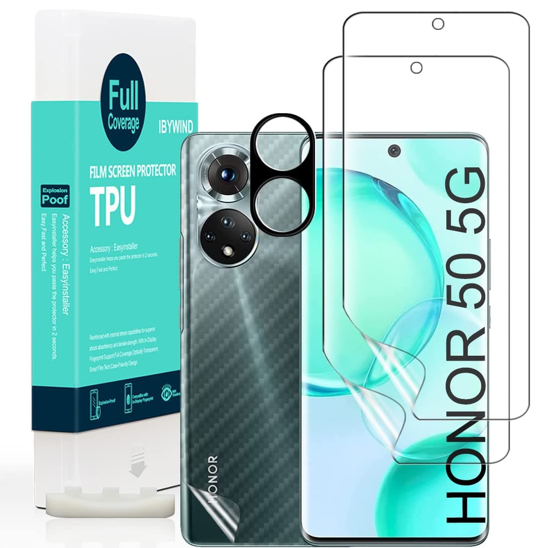 Ibywind [Pack of 2] Screen Protector for Honor 50 5G 6,57",[Metal Camera Lens Protector][Back Carbon Fiber Film Protector][In-Display Fingerprint Support][Bubble Free]