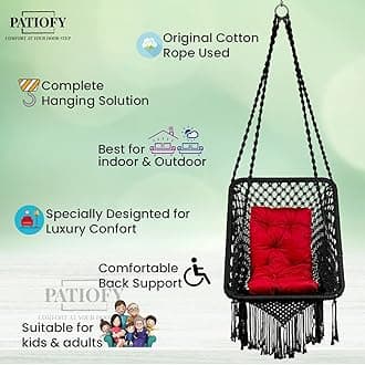 Patiofy Polyester Hammock Chair - Black, 150 Kgs Max Weight, Rectangle Shape - Premium Rectangular Swing Chair with Red L Cushion & Free Hanging Kit Included