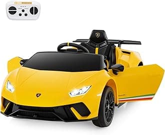 – COSTWAY 12V Kids Electric Ride on Car with Remote Control, LED Lights, MP3, Music, Horn, Soft Start & Spring Shock Absorbers, Licensed Lamborghini Battery Powered Toy Vehicle for Boys Girls (Yellow)