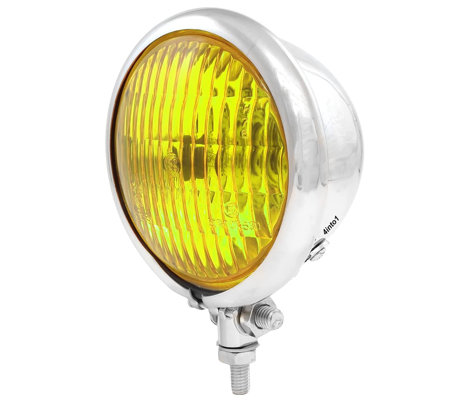 4into1 4.5" 4 1/2 Inch Bottom Mount Halogen H4 Headlight Chrome Metal Shell with Yellow Glass Lens Motorcycle Car Truck Old School Retro Bates Style