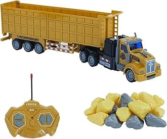 Remote Control Semi Dump Truck with Trailer Includes Simulated Stones, 14" 1:48 Trailer Dump Truck Toy, Equipped with 2 Rechargeable Batteries, Gifts Ideas for Boys Age 3-8 Year Old