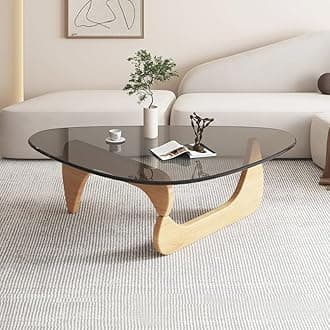 Triangle Coffee Table Modern Noguchi End Table, Solid Wood Base and 8mm Thick Tempered Glass Top Accent for Living Room Office Hotel Patio (Natural Wood Legs + Gray Glass, 32 * 22 * 16)