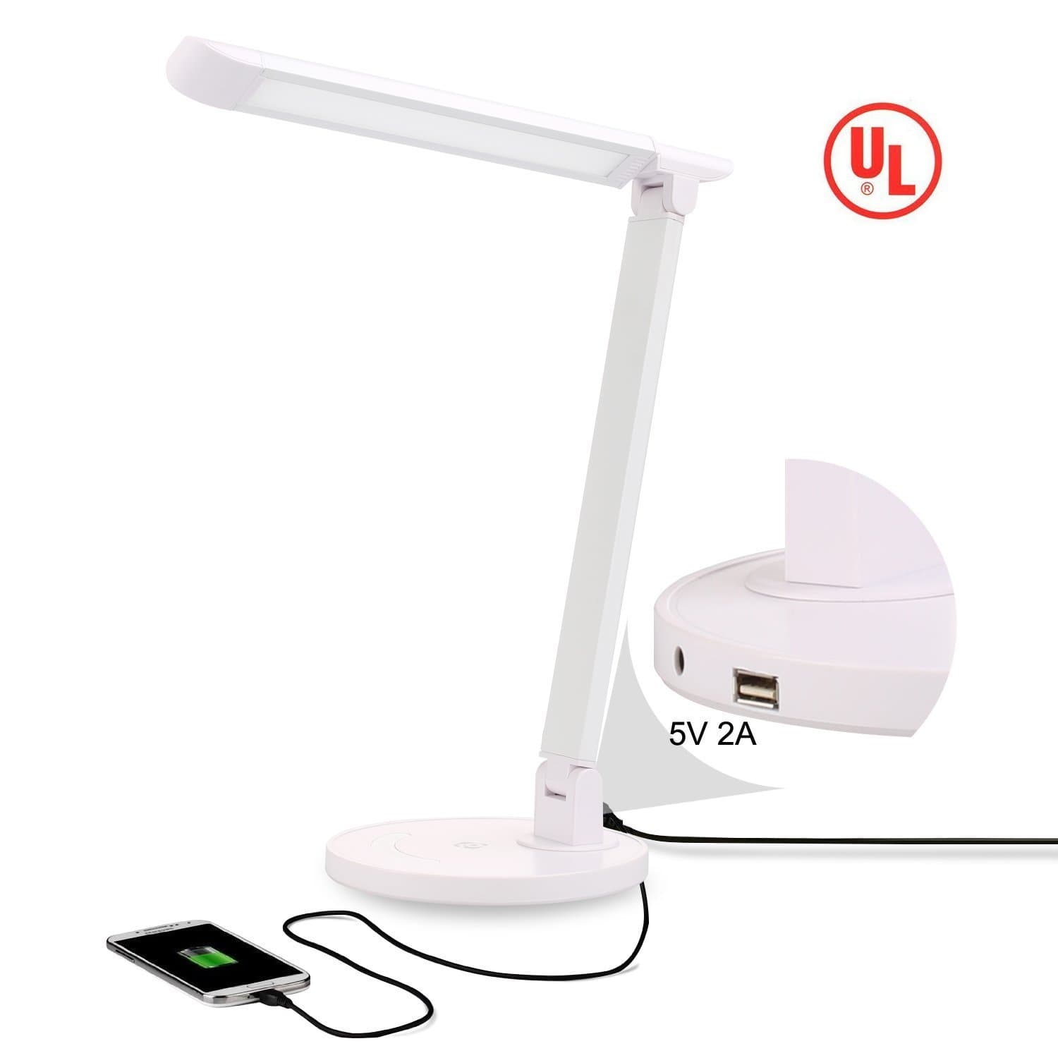Geega UL Certified Dimmable LED Desk Lamp,7-Level Dimmer,Eye-caring,Touch-Sensitive Control Panel,Energy Efficient,5V/2A USB Charging Port,Piano White
