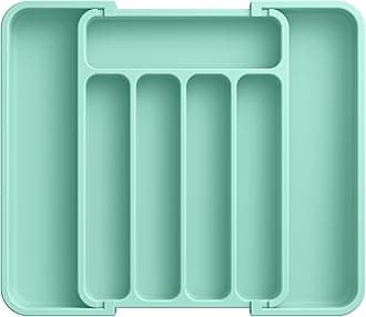 Aujen Silverware Organizer - Expandable Kitchen Drawer Organizer, Adjustable Utensil Organizer, Cutlery Tray for Forks, Knives, Multipurpose Kitchen Organizers and Storage Solution, Green, Medium