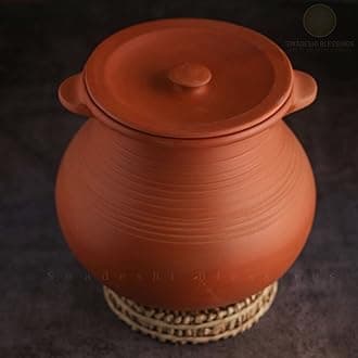 Swadeshi Blessings Exclusive Range Unglazed Clay Pot for Cooking & Serving with Lid/Earthen Kadai/Mud Handi/Mitti Ke Bartan (with Mirror Shine) + ASH for Cleaning (3 Liters)