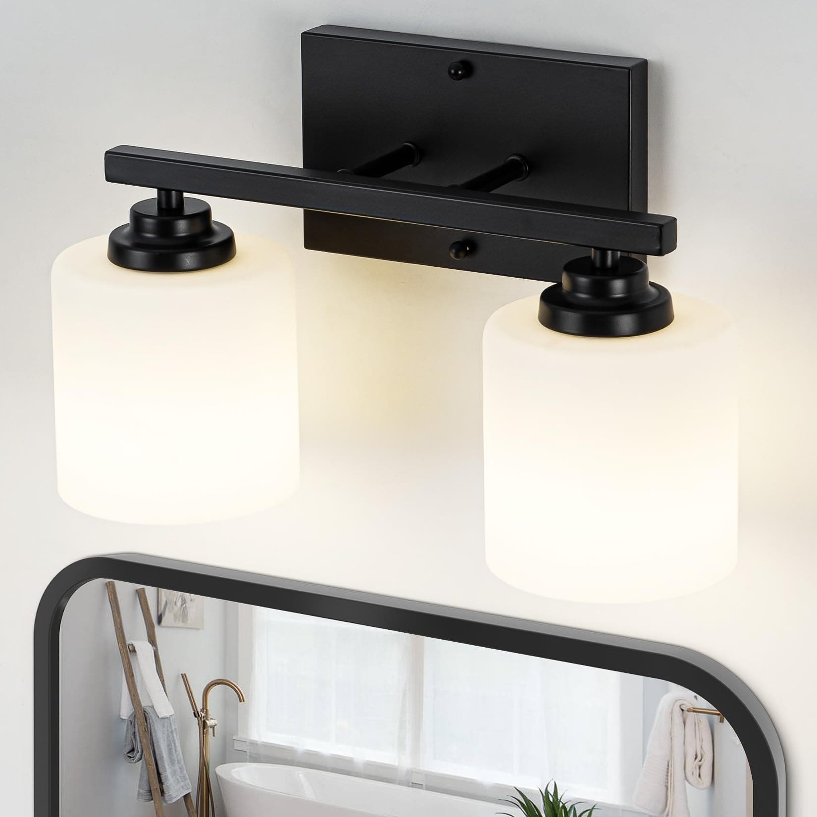 2-Light Black Bathroom Vanity Light Fixtures, Anti-Rust Vanity Lights Fixture for Bathroom, Modern Vanity Wall Sconces for Bedroom, E26 Base, Milky White Glass Shades, Bulbs Not Included