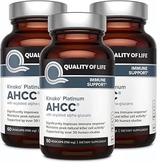 Quality of Life AHCC Kinoko Platinum 750 mg – Premium Immune Support Supplement, Pack of 3-60 Count Bottles