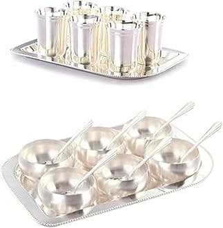 GoldGiftIdeas Silver Plated Six Glass/Tray And Six Manchurian Bowl/Spoon-Tray Combo, Dinnerware Items, Dinnerware Set, 300 ML