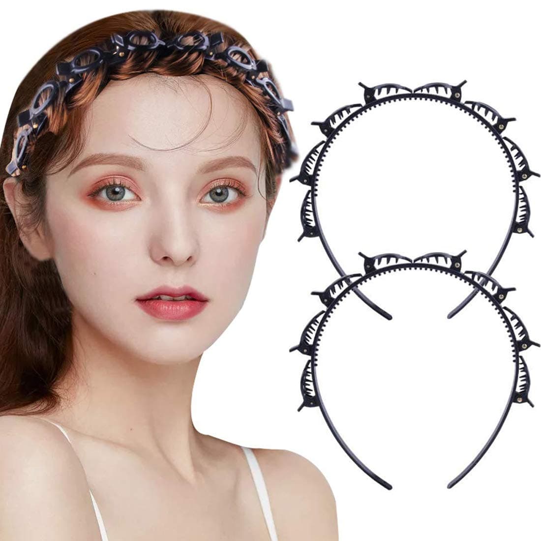 2 Pcs Double Layer Twist Plait Headband Hair Tools, Multi-Layer Hollow Woven Headband, Double Bangs Hairstyle Hairpin Hair Accessories for Women's Lady Girls (Black)