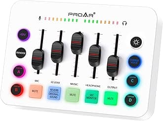 PROAR Gaming Audio Mixer, Live Streaming Sound Card RGB PC DJ Mixer with Individual Control, 48V Phantom Power, Sound Board Audio Interface for PC Phone, Podcast Equipment Bundle for Recording Youtube