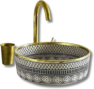 MIRATILE Handmade Ceramic Basin Sink, Handwash Countertop Vanity Basin, Farmhouse Bathroom Basin, Sink Bowl with Brass Rim Edge, Hand Painted Wash Basin Sink (14"= 35cm, Contact us for More Colors)