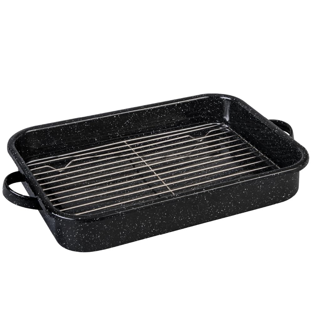 Granite Ware Open Roasting Pan with Flat Rack (Speckled Black) - Accommodates up to 25 lb poultry or roast.