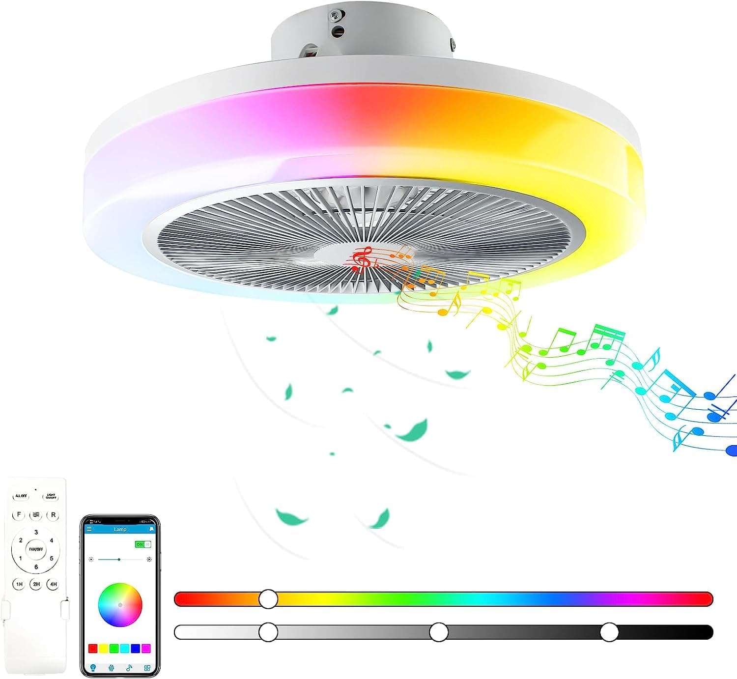 LED Ceiling Light With Fan Timer Quiet Modern RGB Ceiling Fan With Lighting And Remote Control &APP, Dimmable Bluetooth Music LED Ceiling Light Fan For Bedroom Living Room