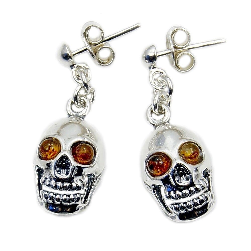 Sterling Silver Natural Baltic Amber Skull Dangle Earrings