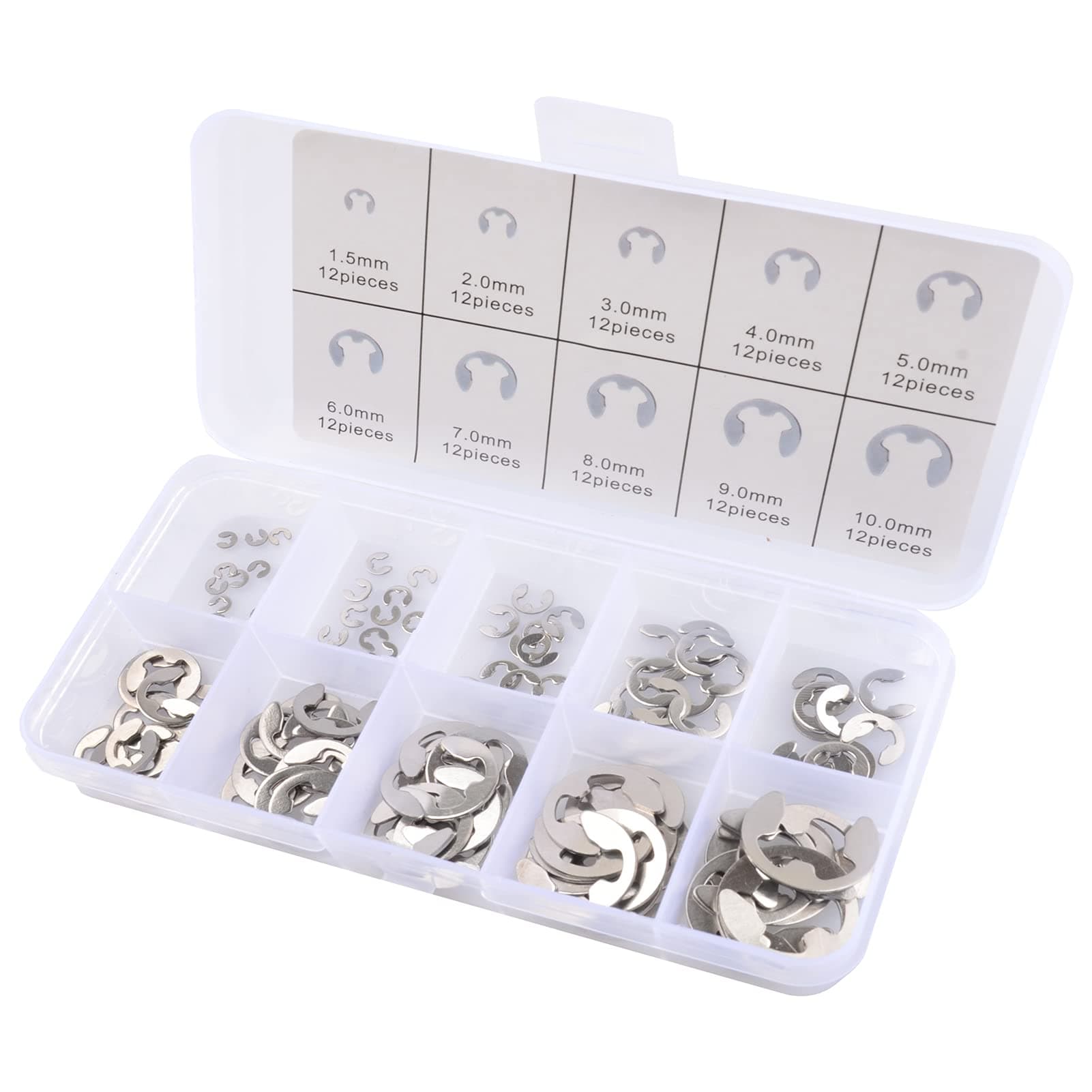 E Clips Assortment Kit 120PC External Retaining Rings Set (M1.5-M10), 10 Sizes Snap Rings Assortment Kit, 304 Stainless Steel Retaining Rings Collection for Shaft Maintenance