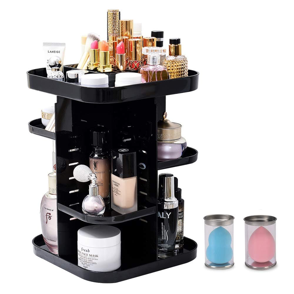 Rotating Makeup Organizer Black Cosmetics Storage Box Perfume Display Stand Box Makeup Brush Holder for Countertop Vanity Bathroom