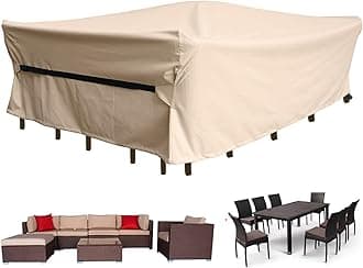 Patio Furniture Set Covers Waterproof Patio Conversation Sets Cover Outdoor Sectional Sofa Couch Cover Outside Dining Set Table and chairs Covers Heavy Duty 600D 108" L x 82" W x 28" H Beige