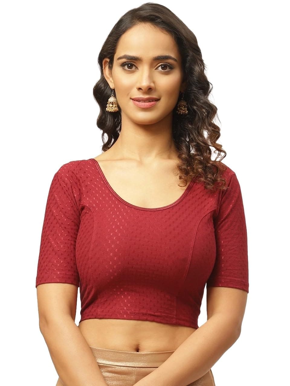 Round Neck Pure Dobby Cotton Stretchable Elbow Sleeve Readymade Saree Blouse for Women Stylish (208_lightmaroon_XXL)