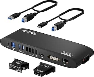 Plugable USB3.0 Horizontal Docking Station for Windows macOS ChromeOS - Dual Monitor HDMI DVI VGA Ports Gigabit Ethernet 2 USB 3.0 Ports x 4 USB 2.0 Ports Audio Input and Output