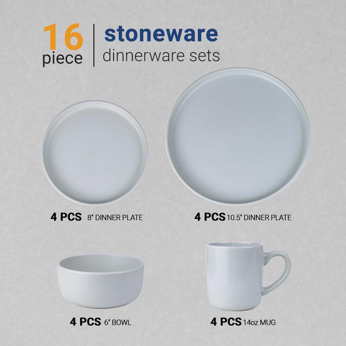 Bone China KERA italia 16-Pieces Stoneware Dinnerware Set, Dinner Set, Kitchen Dinnerware Ceramic Crockery Set, Dinner Service Set for 4, 26cm Dinner Plate, 20cm Plate, Cereal Bowl, Mug KUMBA Grey