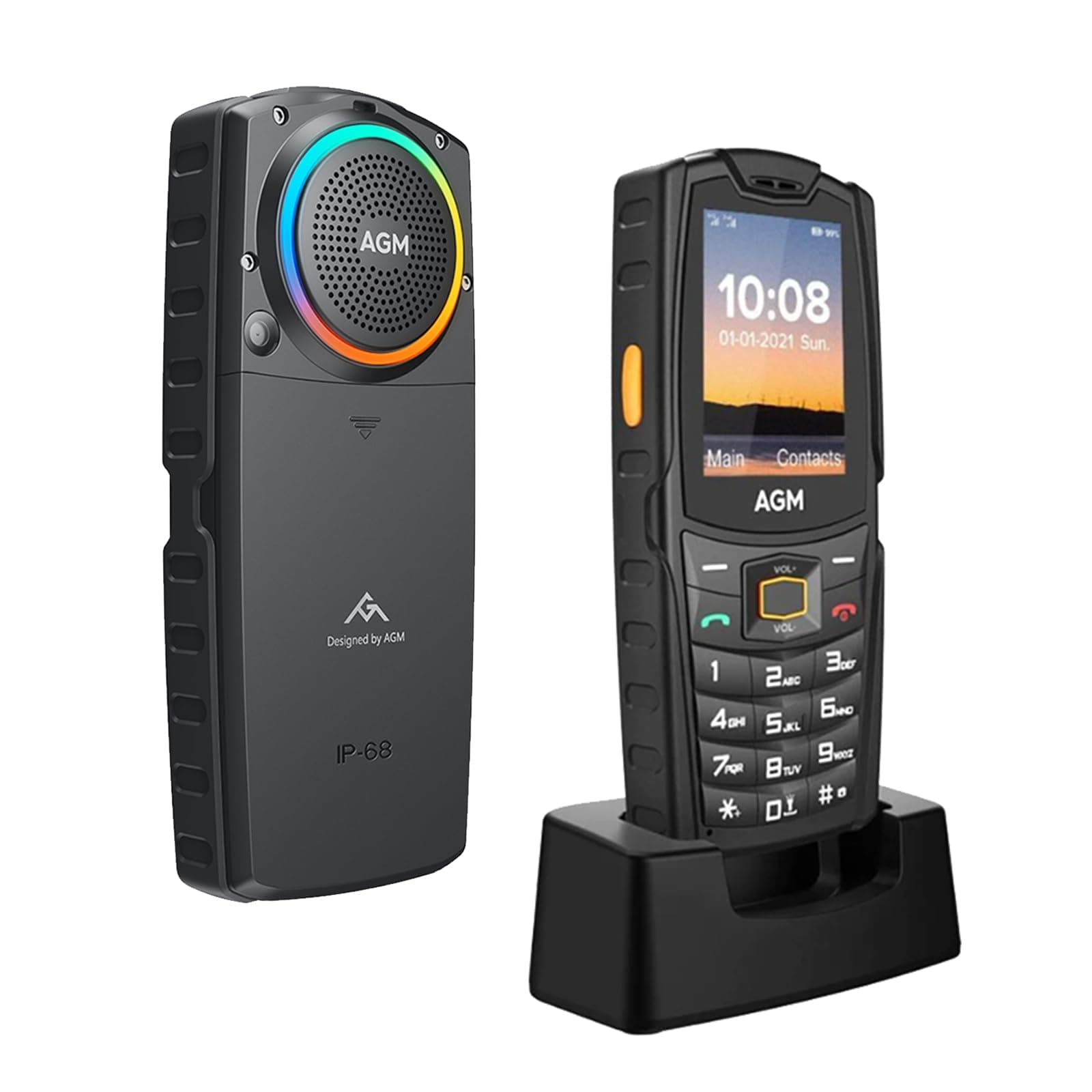 AGM M6 Feature Phone with Charging Dock, 4G LTE Dual SIM - T-Mobile Compatible, RGB Light, Large Button & Font, 109dB Speaker, 128GB TF Expand, IP68 Waterproof/Drop-Proof for Outdoors