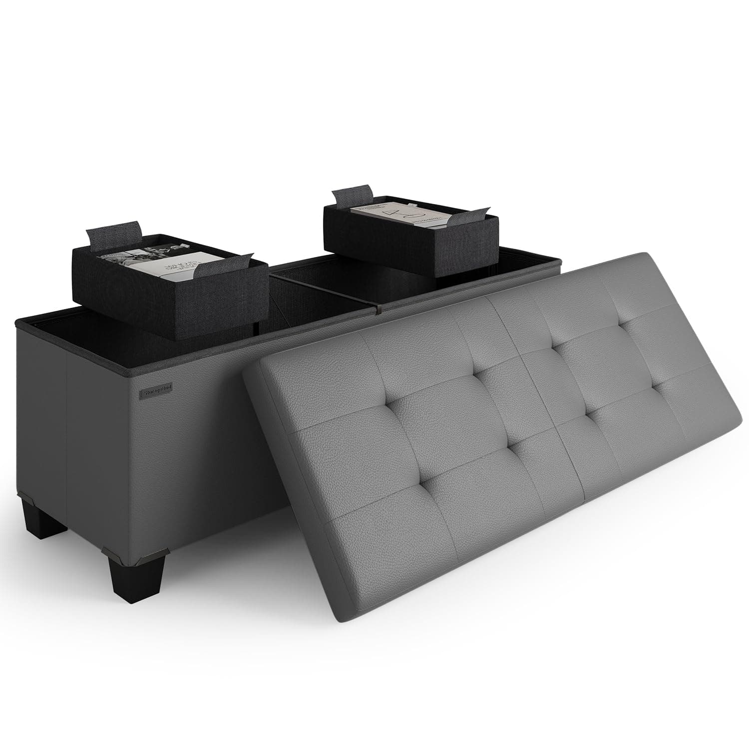 Storage Ottoman Bench with Bins, 43-in Storage Bench for Bedroom End of Bed, Folding Foot Rest Ottoman for Living Room Max 660lbs, Faux Leather Ottomans, Grey