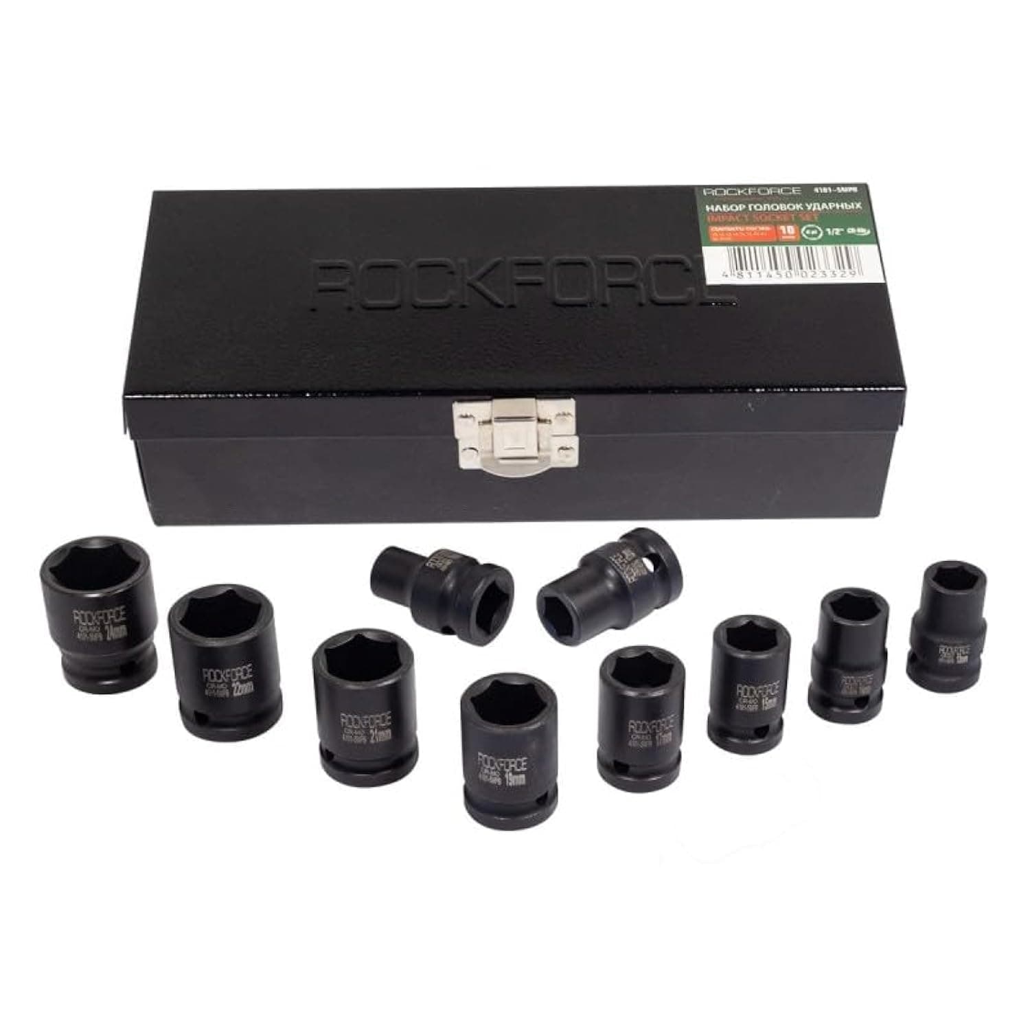 ROCKFORCE Impact Socket Set 1/2", 6 Point, 10pcs (10,12,13,14,15,17,19, 21, 22, 24), in Metal Case