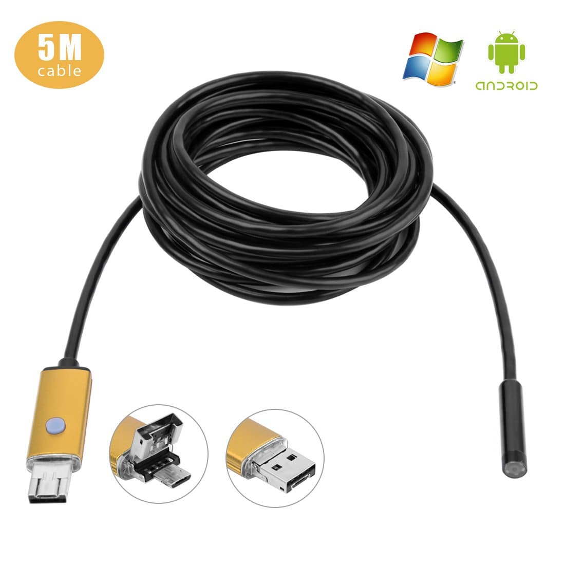 GVESS 2IN1 7mm 5M Android and PC 6LED HD Endoscope Borescope Inspection USB Waterproof Wire Camera(Gold)