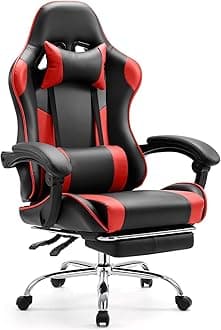 Sweetcrispy Video Game Chair - Ergonomic Computer Desk with Footrest and Comfy Lumbar Support, PU Leather Recliner with Headrest, Fixed Up Armrest, Height Adjustable with 360° Swivel, for Adults, Red