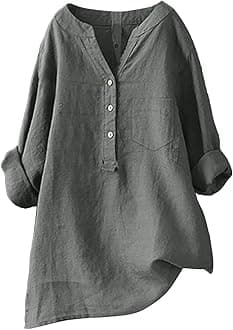 Linen Shirts for Women 2025 Buttons V Neck Cloths Long Sleeve Pockets Tshirt Trendy Dressy Blouses Casual Tunic Tops