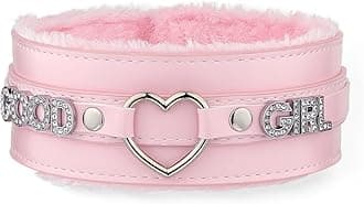 Pink Furry Heart O-ring Leather Choker Collar For Women, Handmade Punk Gothic Letter Necklace Adjustable Fashion Jewelry