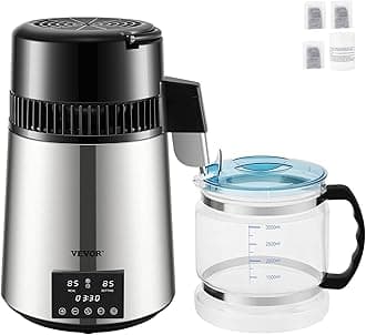 VEVOR Water Distiller, 304 Stainless Steel Countertop Water Stiller, 0.3Gal/H, 0-99H Timing Dual Temp Display, 1.1Gal Distilled Water Maker Machine, Glass Carafe, 3 Carbon Bags, Citric Acid Powder