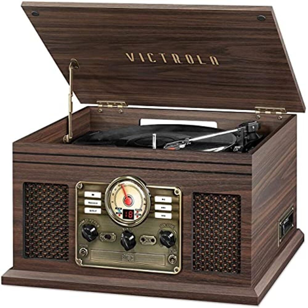Victrola The Quincy 6-in-1 Bluetooth Record Player & Multimedia Center with Built-in Speakers – 3-Speed Turntable, CD & Cassette Player, FM Radio, Wireless Music Streaming (Espresso)