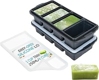Silicone Freezer Tray With Lid - Soup Freezer Container molds - Large Ice Cube Tray- makes 8 perfect 1 cup portions cubes, 2-Pack Freezer Storage Food Soups & Meal Prep - Oven & Dishwasher -Safe