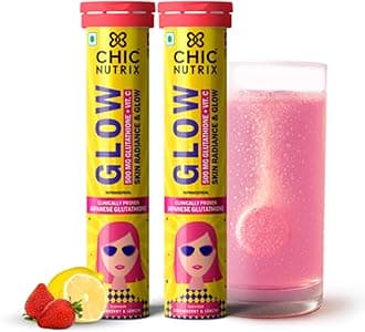 Chicnutrix Glow Glutathione Effervescent Tablets with Vitamin C |Japanese Glutathione 500mg For Radiant, Even-Toned and Glowing Skin | Sugar-Free| Strawberry Lemon Flavour, 20 Tablets (Pack of 2)