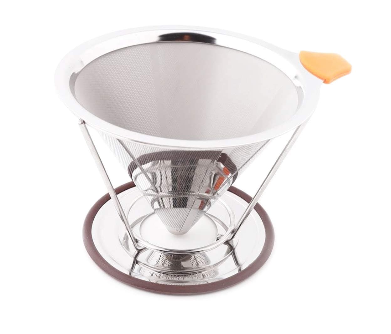 Premium Pour Over Coffee Filter - Standard 1-to-4 Set Cup Stainless Steel, Ultra-Fine Double Mesh Paperless Dripper Cone with Silicone, Dishwasher Safe