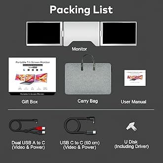 Triple Portable Monitor, Ips FHD 1200P Laptop Monitor Extender, Full-Function Type C/Hdmi Ports, Foldable Dual Screen Extender for 13.3"-17.3" Compatible with Windows, Mac