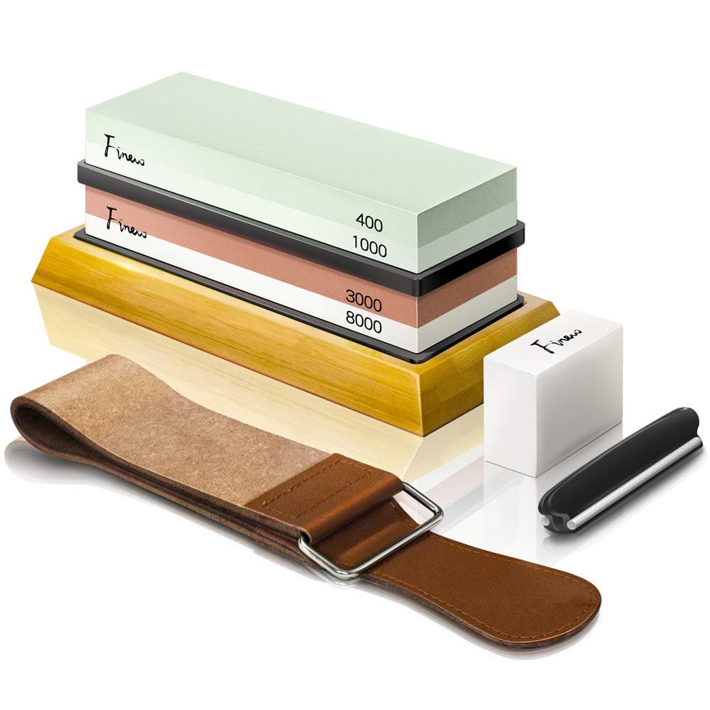 Knife Sharpening Stone Kit, Finew Professional Whetstone Sharpener Stone Set, Premium 4 Side Grit 400/1000 3000/8000 Water Stone, Non-slip Bamboo Base, Flatting Stone, Angle Guide and Leather Strop